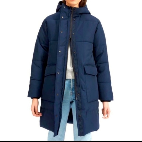 Everlane Jackets & Blazers - Everlane Renew long navy blue hooded puffer coat